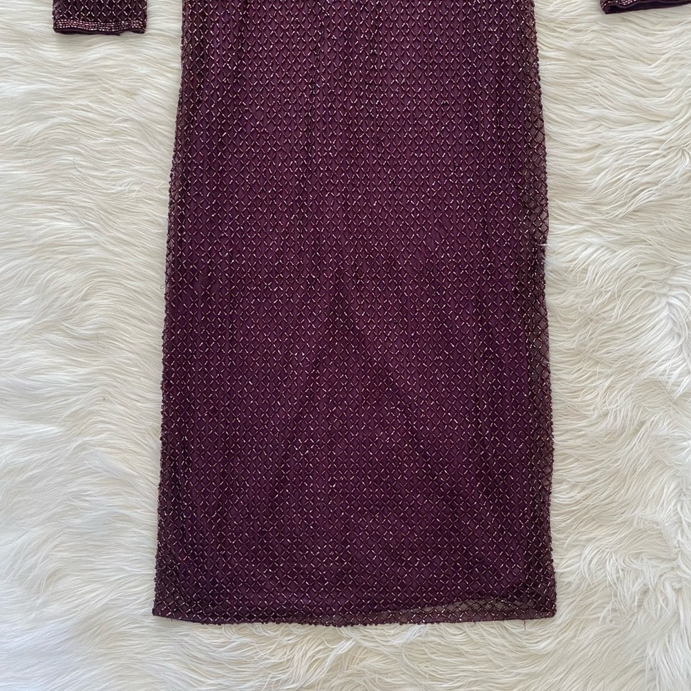 Mac Duggal Purple Plum Lattice Beaded Long Sleeve Modest Formal Midi Dress - Picture 5 of 16